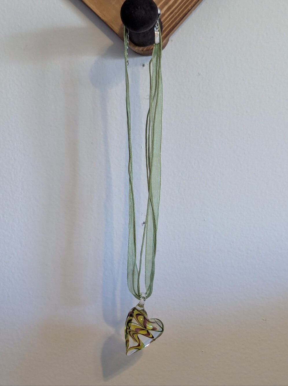 Handblown Glass Heart Pendant Necklace - Green Ribbon - Picture 1 of 5